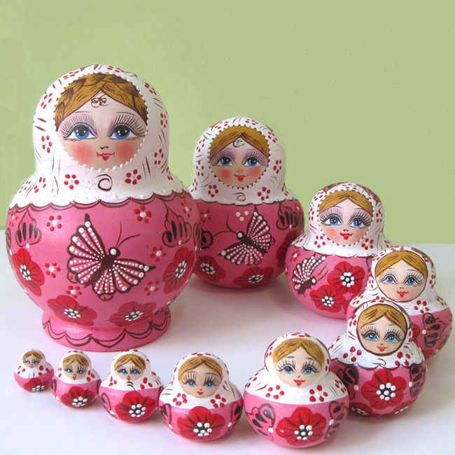 New 10pcs New Beautiful Pink Wooden Russian Nesting Dolls Dried Basswood Gift